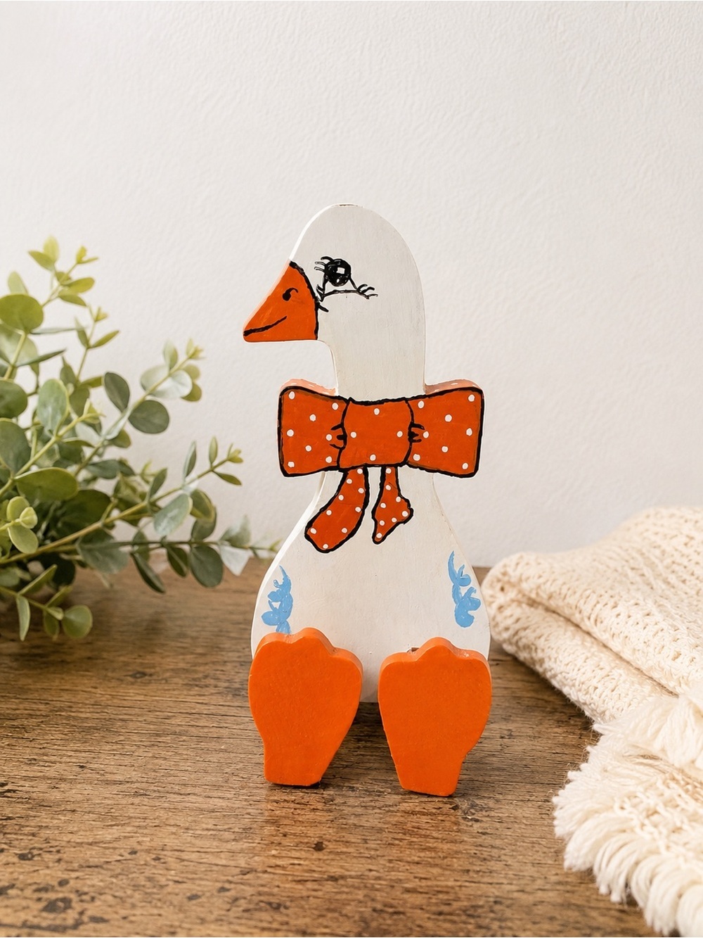 Wooden Goose Shelf Sitter Orange Polka Dot Bow Dangling Legs